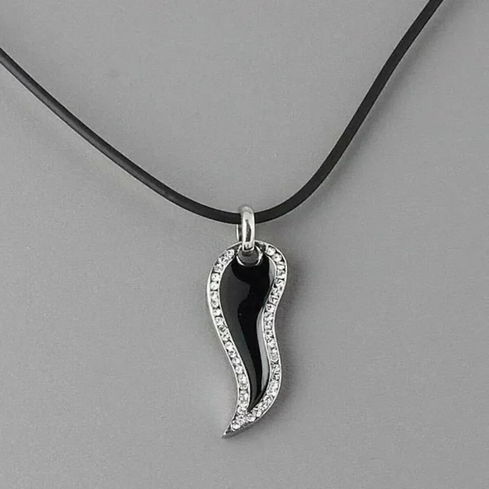 Edgy Austrian Crystal Black Enamel Pendant Rubber Cord Necklace